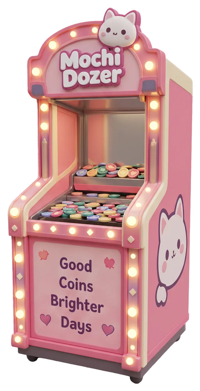 The Mochi Dozer arcade cabinet: a pink coin pusher with marquee bulbs and a Good Coins Brighter Days panel