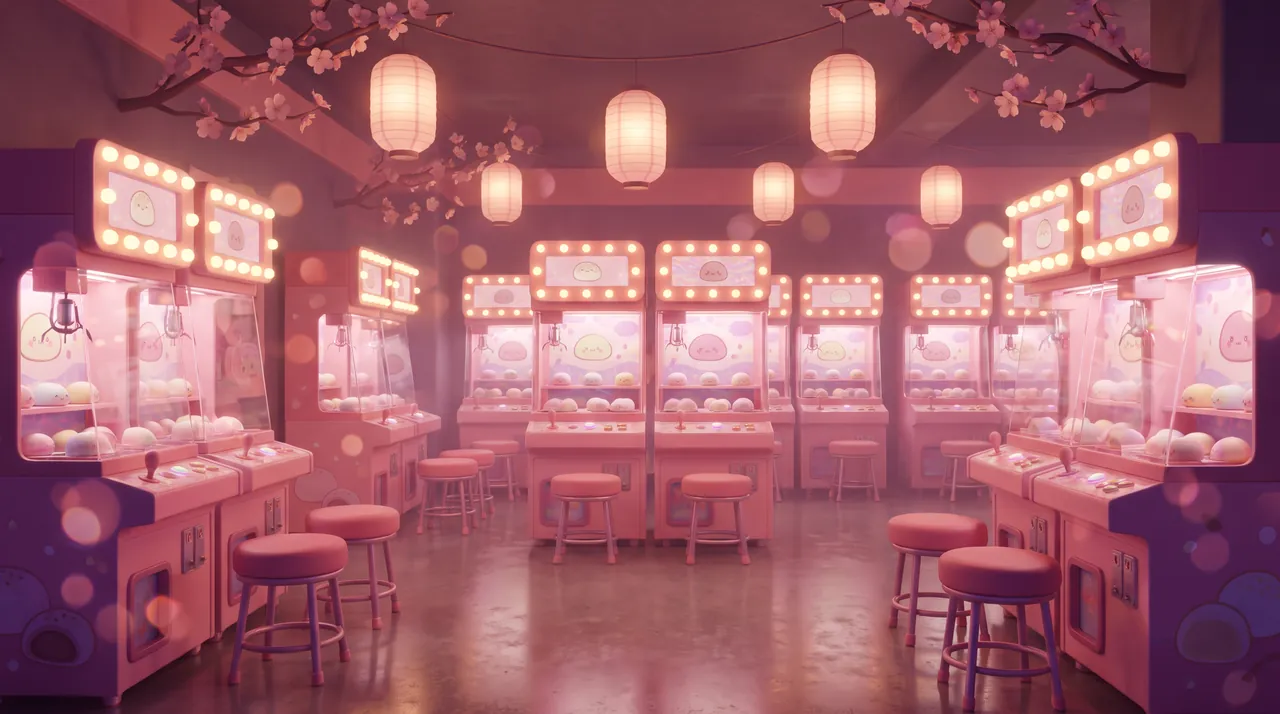 Night Arcade: Rows of cabinets humming in pink.