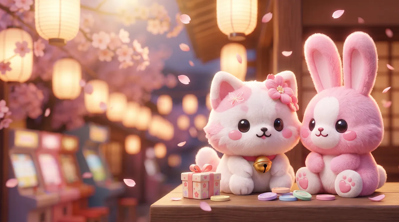 Sakura Neko and Mochi Usagi waiting together outside a lantern-lit arcade
